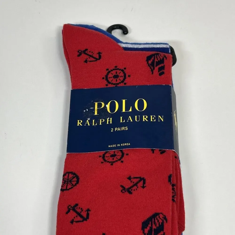 Polo Ralph Lauren Men's 2 Pack Socks 10-13 Nautical Sailboat Anchor Red Blue New